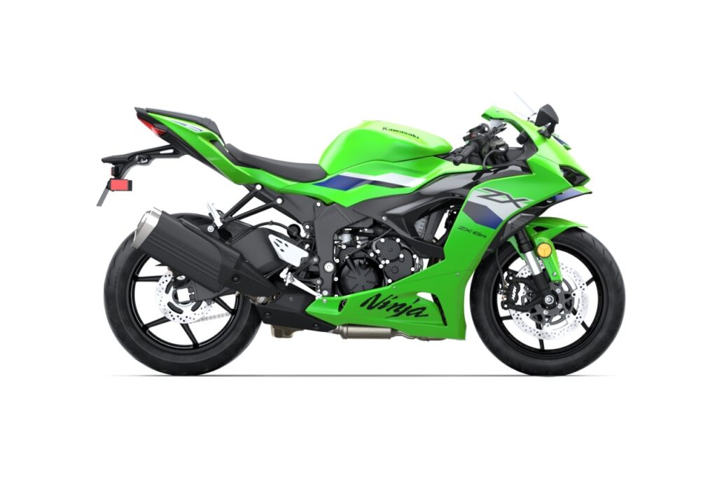 Kawasaki Ninja ZX-6R sport bike in lime green, studio side profile