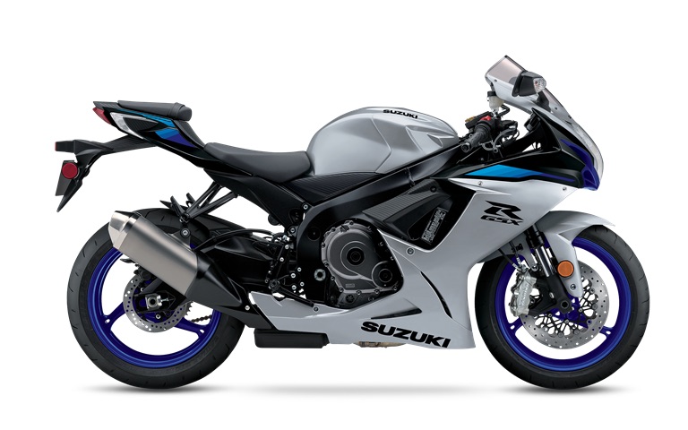 Suzuki GSX-R600 sport bike in silver and blue, studio side profile