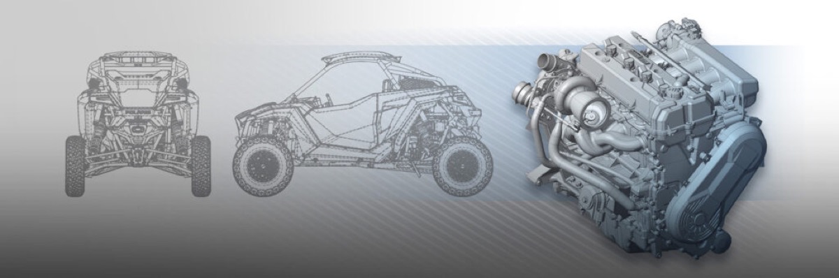 Technical line drawings of a sport side-by-side chassis from the front and side, next to a rendering of its turbocharged multi-cylinder engine