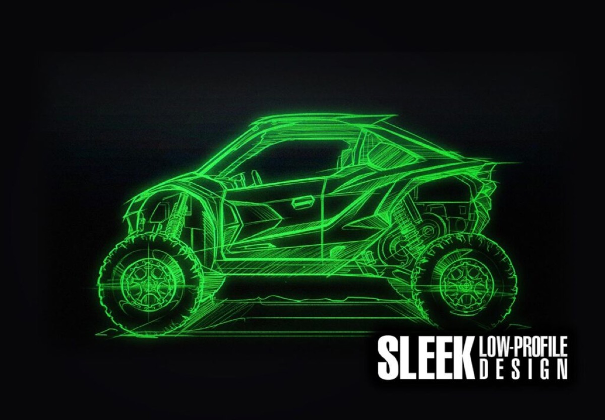 Neon green concept sketch of a low-slung two-seat sport side-by-side in profile, captioned “Sleek Low-Profile Design”