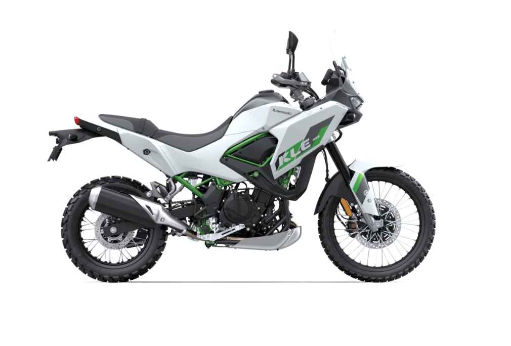 CFMOTO Ibex 450 adventure motorcycle in white and green, studio side profile
