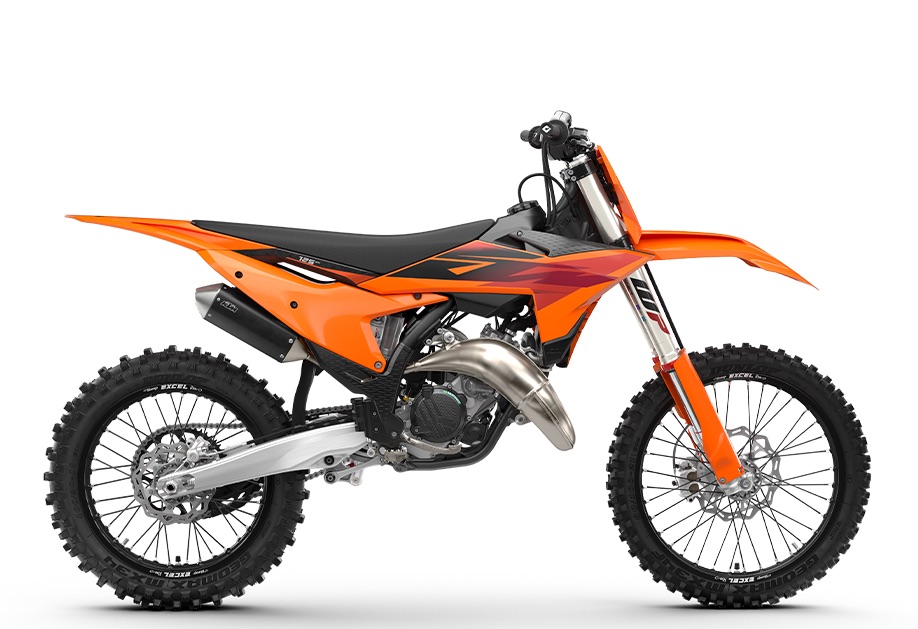 KTM two-stroke motocross bike in orange, studio side profile
