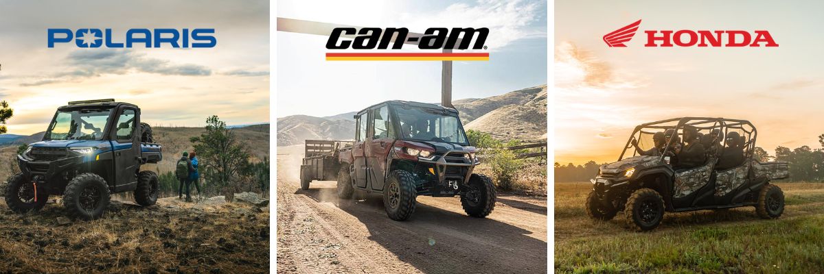 Lineup of 2025 UTVs including Polaris RANGER, Can-Am Defender, and Honda Pioneer parked on an Oregon trail