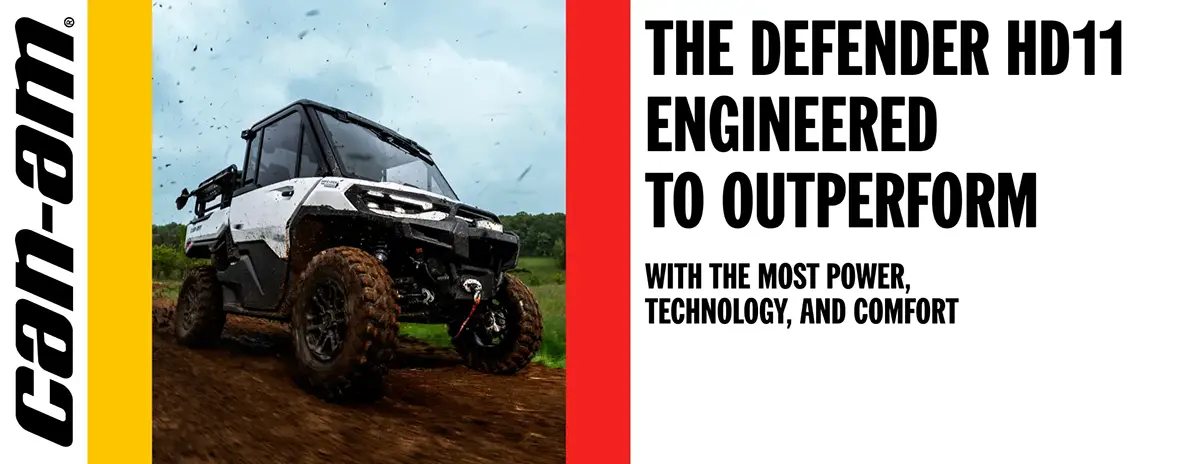 2026 Can-Am Defender HD11 at an Idaho ranch gate with desert foothills